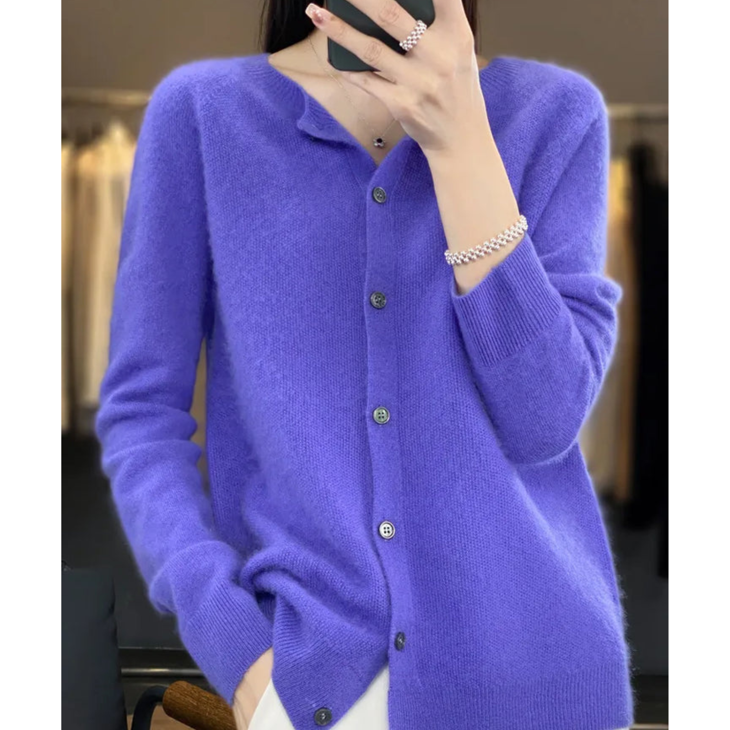 ラウンドネックカーディガンセーター女性用