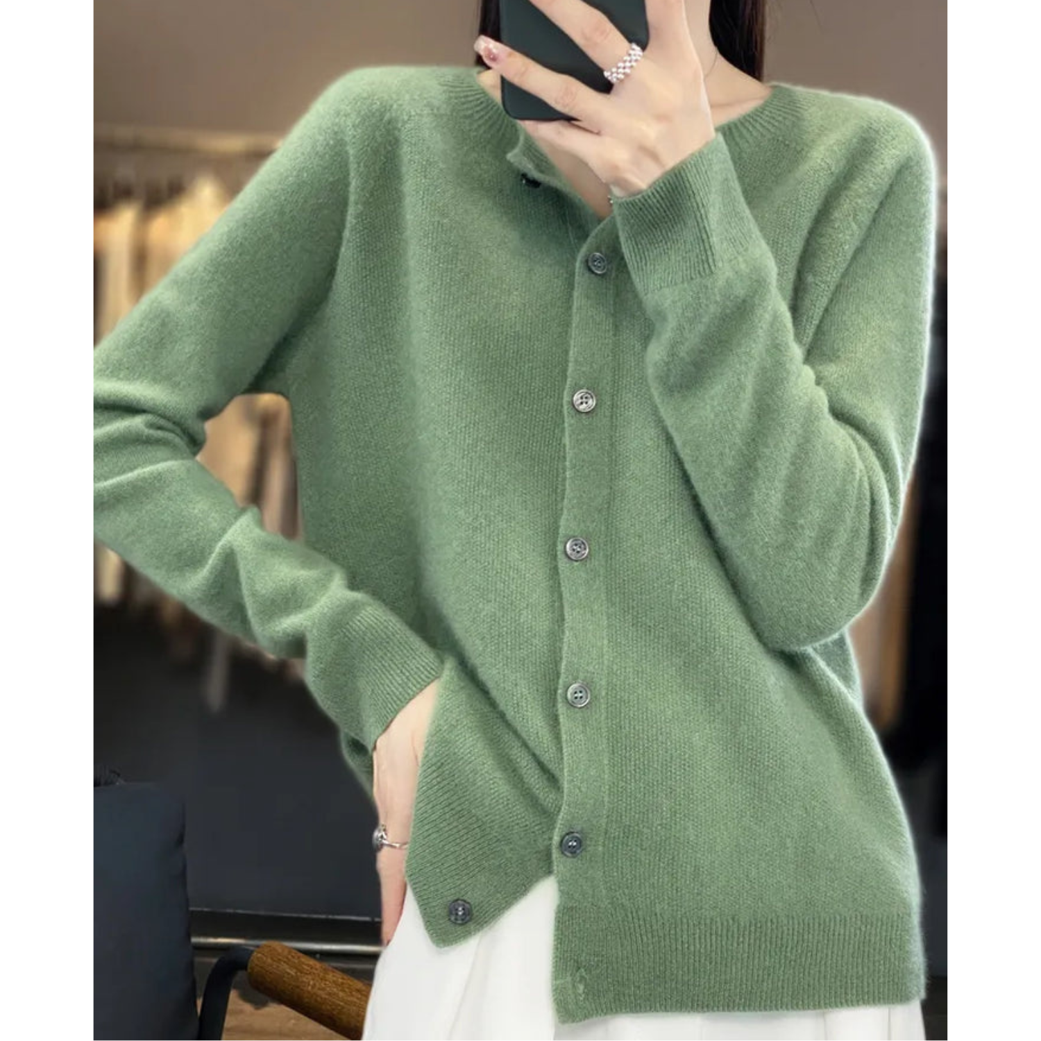 ラウンドネックカーディガンセーター女性用