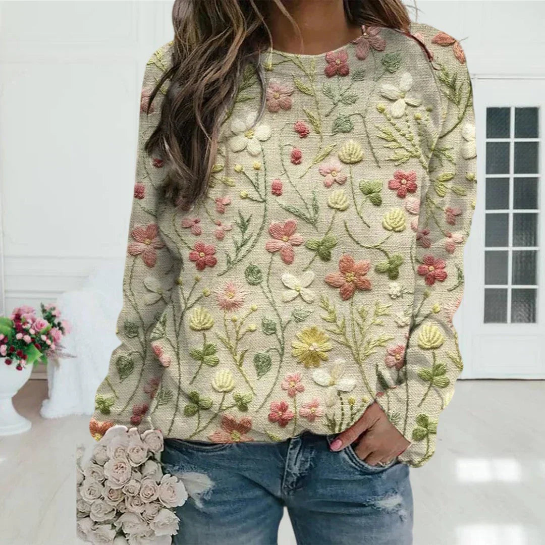 女性用花柄刺繍セーターカジュアルスタイル