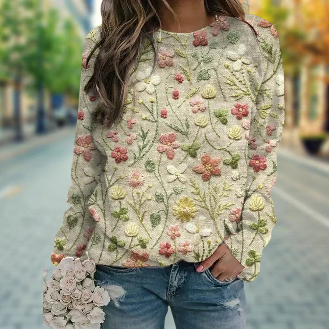 女性用花柄刺繍セーターカジュアルスタイル